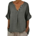 thumbnail image 2 of Pxiakgy Linen Shirts for Women Mid Sleeve Cotton Linen Solid Color Door Bottle V Neck Shirt Mid Sleeve T Shirt Summer Loose Fit Short Sleeve Button Down Shirts for Women, 2 of 5