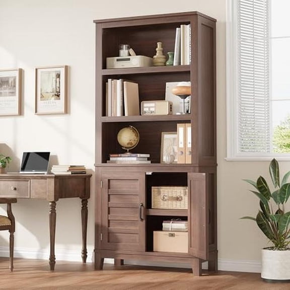 Brown 71" Tall 5-Tier Farmhouse Wooden Bookshelf with Adjustable Door Shelves
