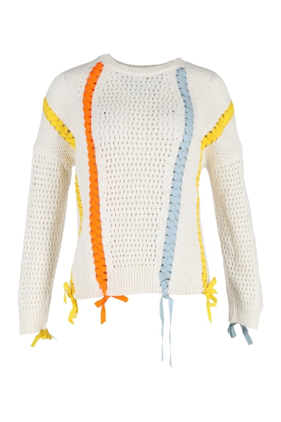 Pre-Owned Maje Mascotte Loose-Knit Ribbon Detail Sweater in Cream Acrylic Cotton