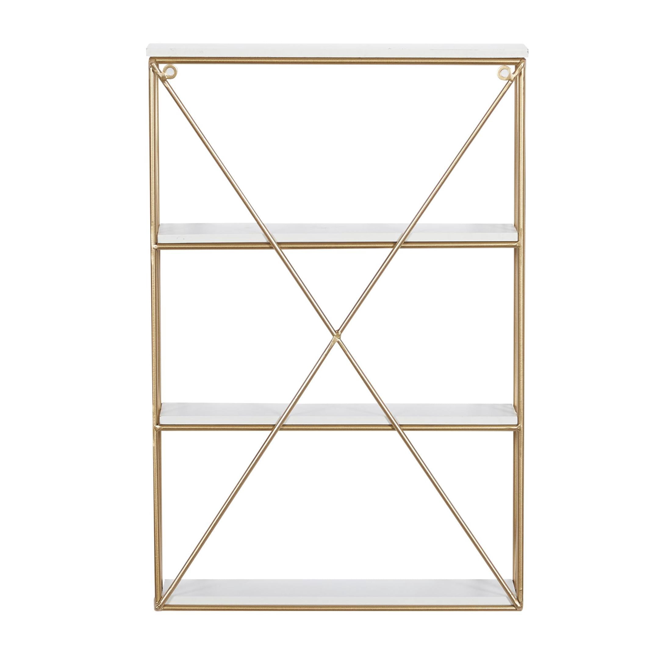 DecMode 16" x 4" 4-Tier Gold Wall Shelf with White Wooden Shelves