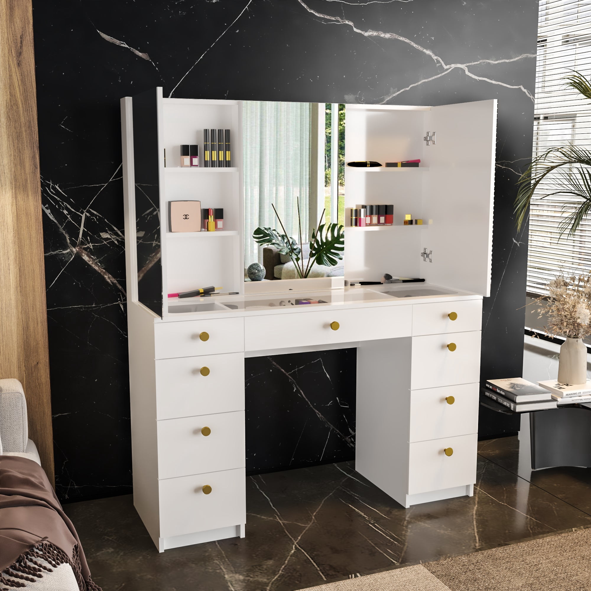 Ember Interiors Modern Vanity Table, 9 Drawers Cabinet Mirrors Golden Knobs White for Bedroom