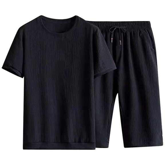 KKBOTIVE Men's Outfit Set Solid Color Round Neck T Shirt Top and Shorts Pants Set Summer Mens Sweatsuits, Black Size: XXXL