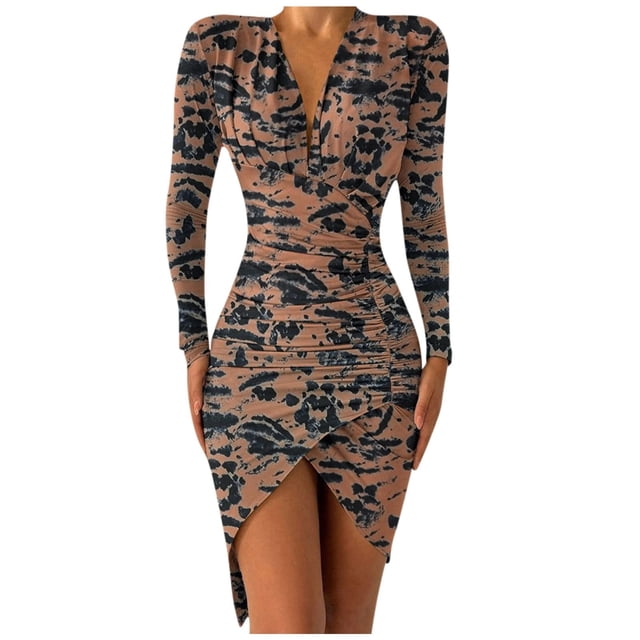 Pompotops Automne et Hiver Robe Sexy à Col en V Imprimée Amincissante à Manches Longues Fendue