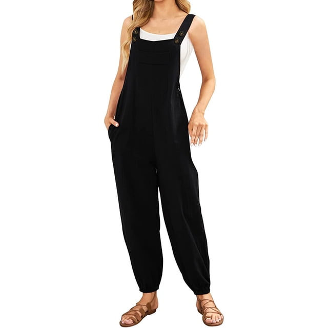 Overol sin mangas para mujer, estilo casual, de verano, pierna ancha, pantalones bottons, manga larga, con botones Negro - CH Negro - CH Xishao ropa