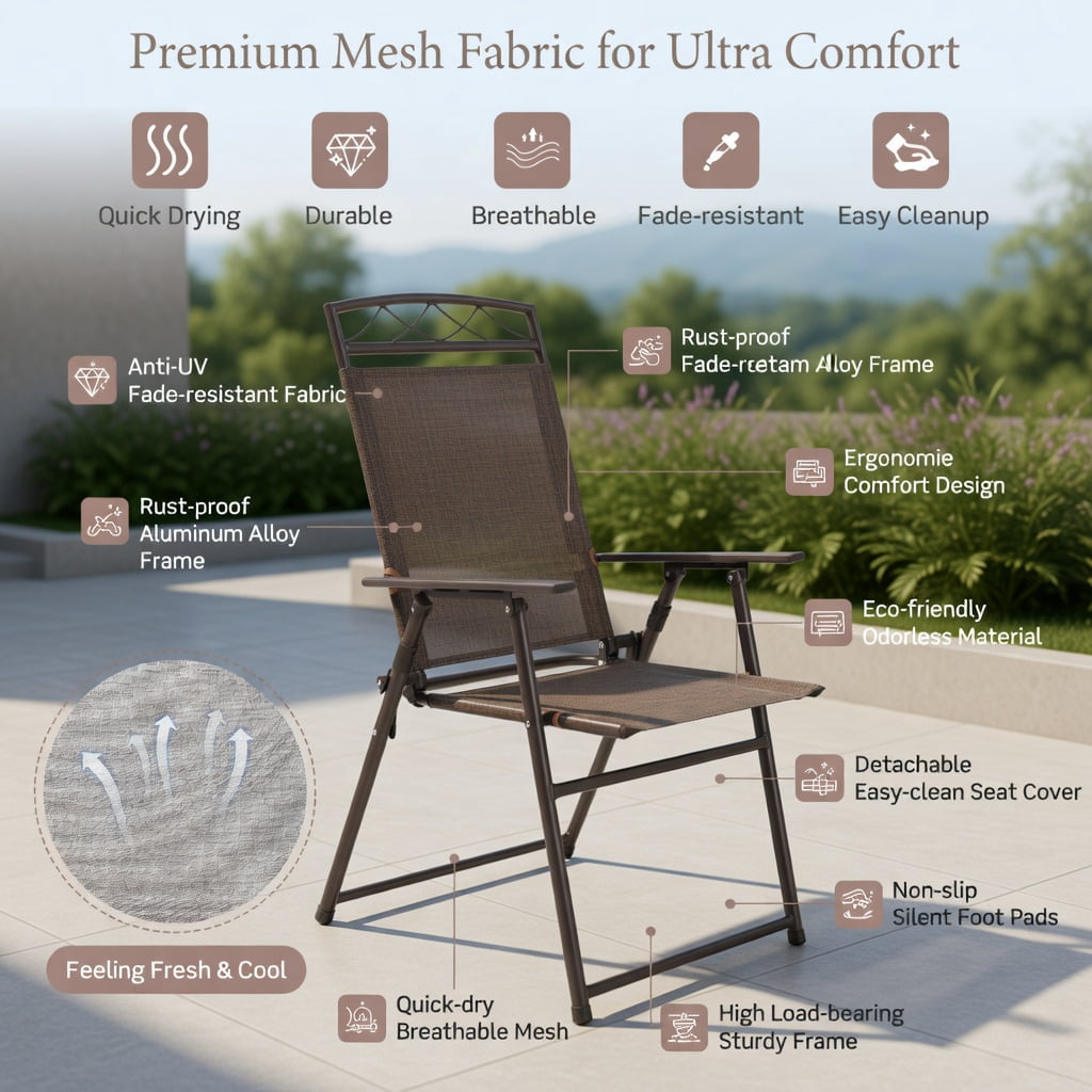 Hommoo 4-Pack Folding Patio Chairs, Steel Frame Sling Chairs with Weather-Resistant Fabric, Compact Lightweight Design for Backyard, Poolside, Balcony & Camping, Brown