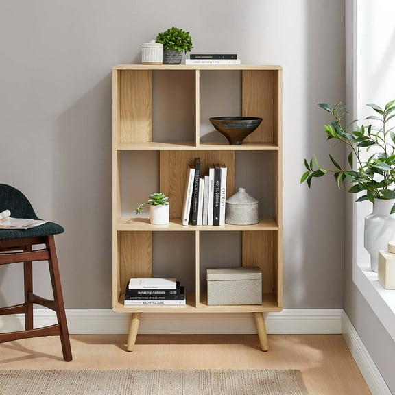 Modway Transmit 5-Shelf Wood Bookcase with Splayed Dowel Legs in Oak