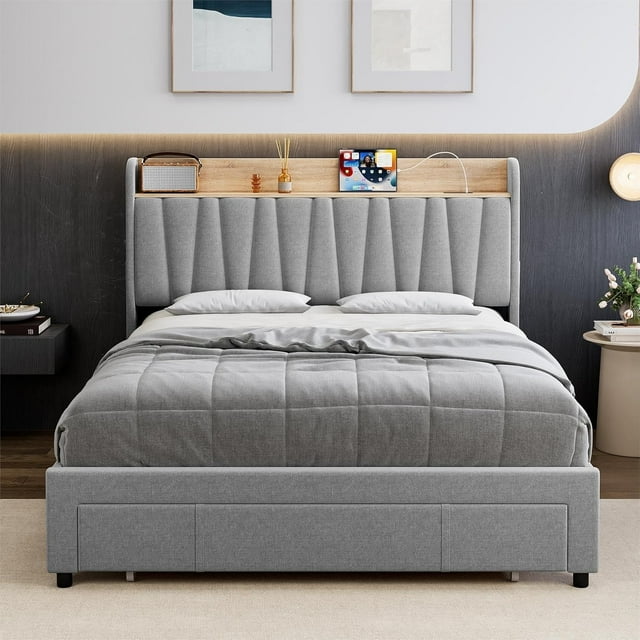 GloryStar Upholstered Bed Frame with Storage Headboard,Platform Bed Frame with Storage Drawers, Charging Station,Noise-Free, No Box Spring Needed, Easy Assembly