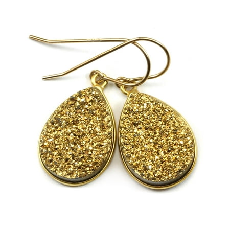Drusy Earrings 14k Gold Filled Large Teardrops Golden Druzy Sparkle Drusy Earrings 14k Gold Filled Large Teardrops Golden Druzy Sparkle Bezel Setting French Hook Earwires Spygl