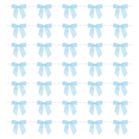50Pcs Twist Tie Bow 3.5"  Pre-Tie Gift Bows Mini Fabric Satin Ribbon for Treat Bags Craft DIY Flower Sewing Wedding Birthday Party (Light Blue)