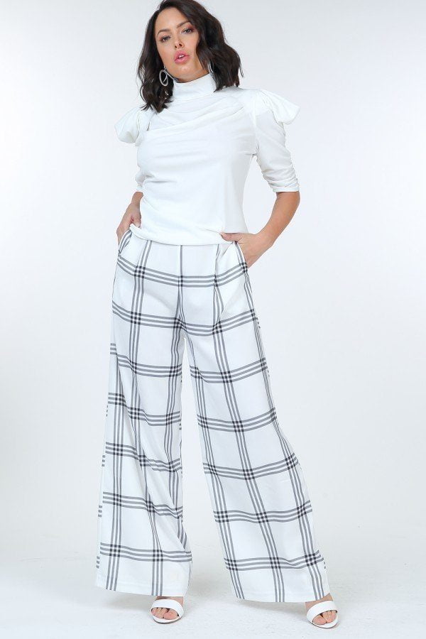 High Waist Plaid Print Wide Leg Pants 