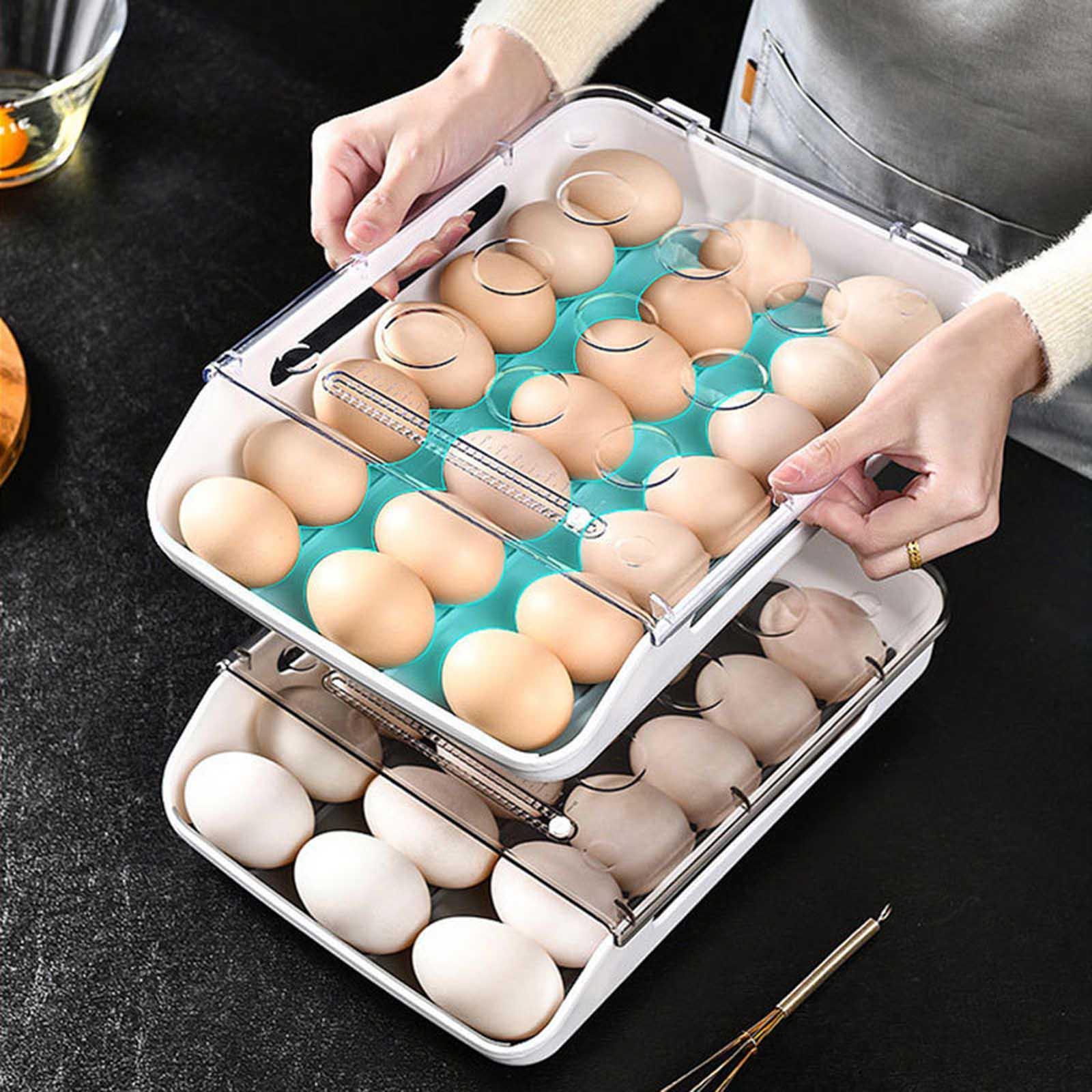 Egg Holder for Refrigerator Automatic Rolling Storage Container Transparent Lid