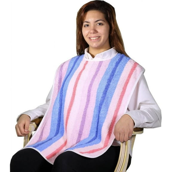 3 Pack - Washable Terry Cloth Adult Bib with Velcro Closure - Pink Blue and Purple Stripes
