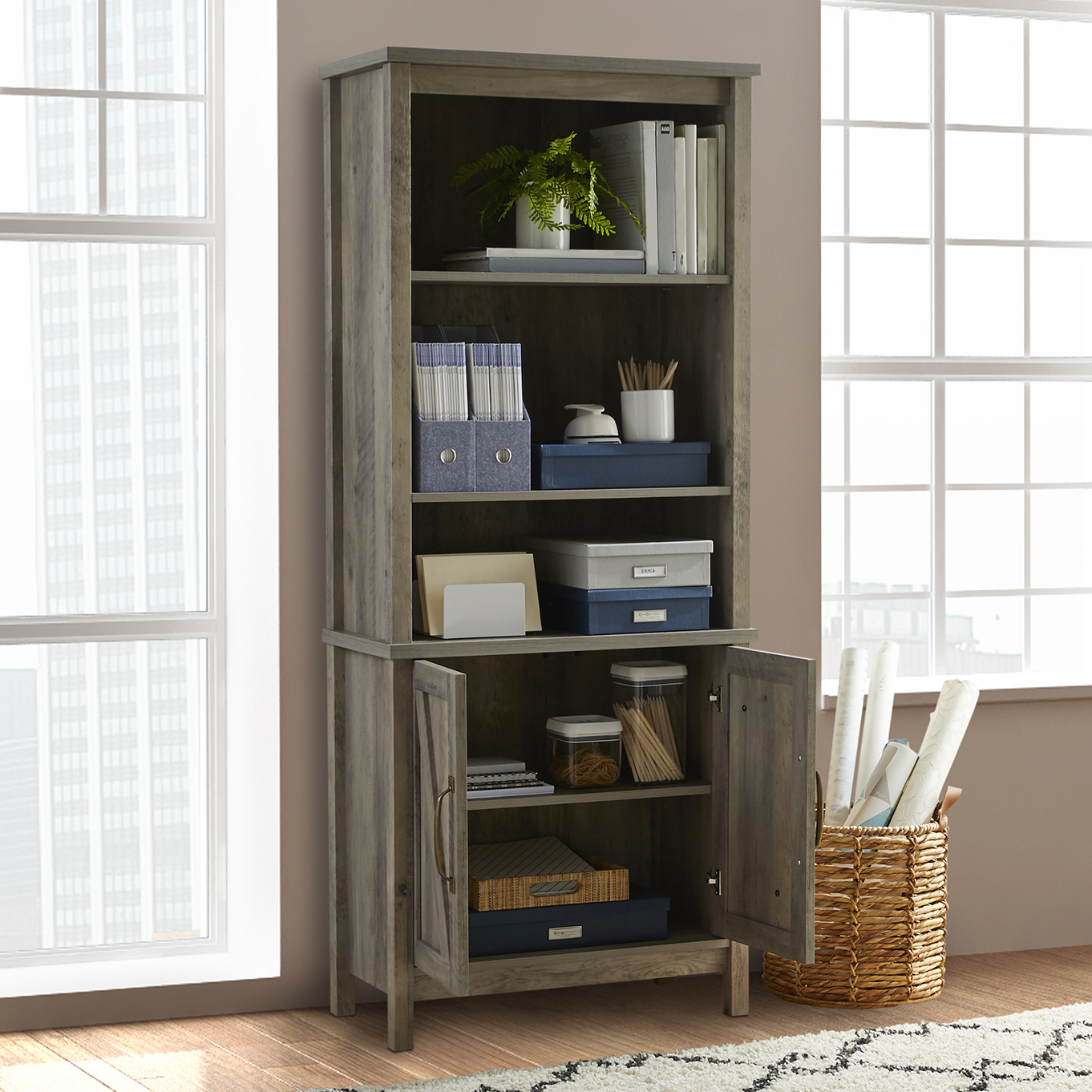 Better Homes & Gardens Modern Farmhouse 5 Shelf Library Bookcase with Doors, Rustic Gray Finish - image 4 of 16
