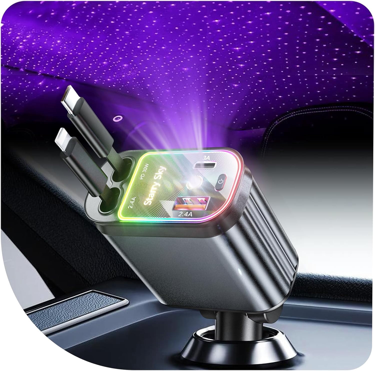 RGHJAR-Starlight Retractable Car Charger Adapter for iPhone 17,4 in 1 Fast Charging Car Phone Charger,69W USB C Car Truck Accessories,Road Trip Essentials Gift for Men Women for iPhone 17/16/15/14/13
