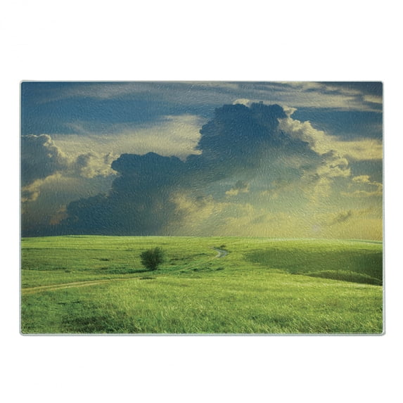 Nature Cutting Board, Summer Landscape with the Grass Road Cloudscape and Rural Novelty View Image Print, Decorative Tempered Glass Cutting and Serving Board, Small Size, Blue Green, by Ambesonne