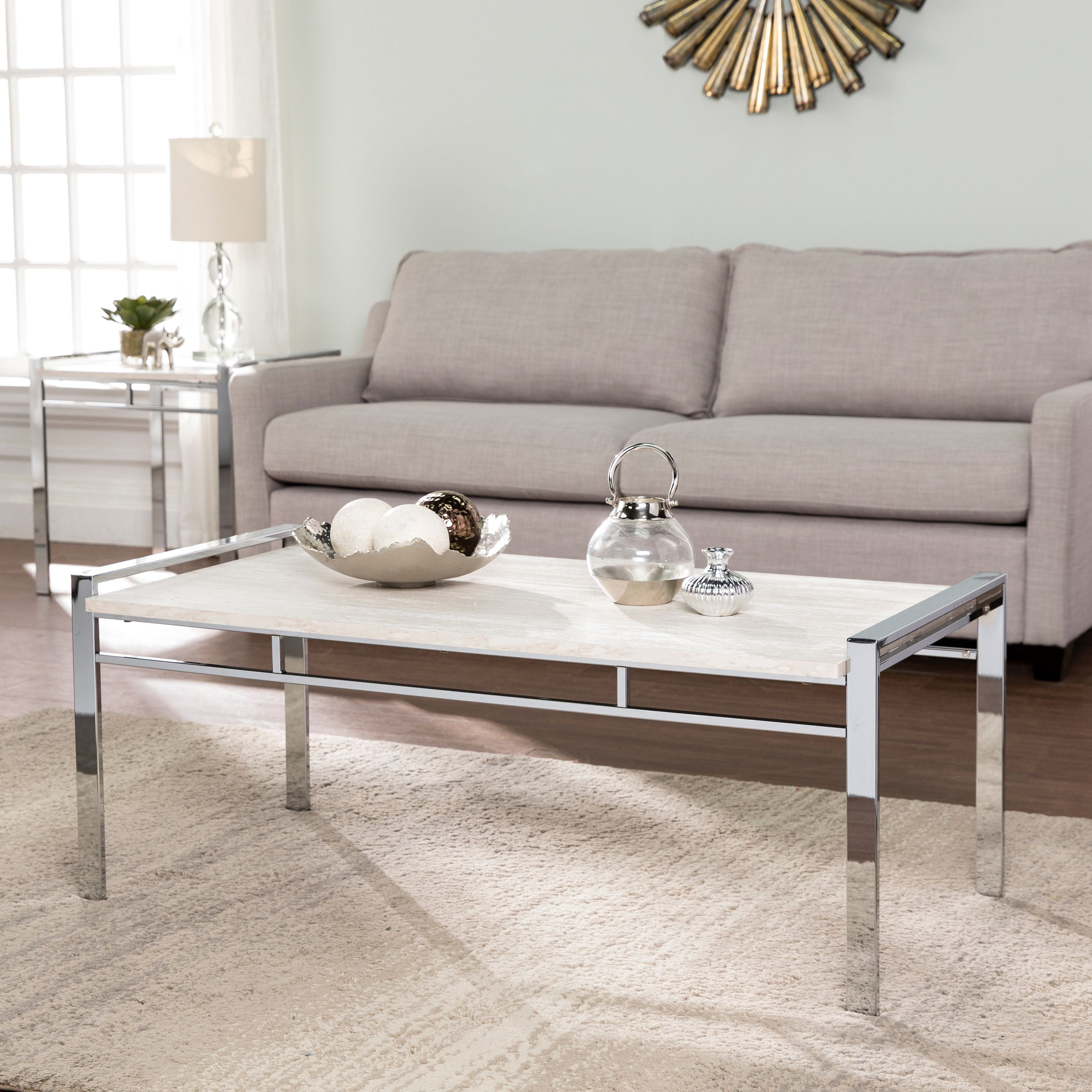 Cazzoli Faux Stone Coffee Table, Chrome w/ White Faux Marble