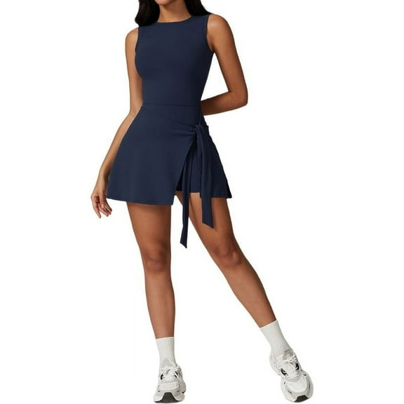 Dycnvjo Womens High Neck Tennis Dress Sleeveless Wrap Skirt Built in Shorts Golf Athletic Dress Workout Rompers Badge Blue S