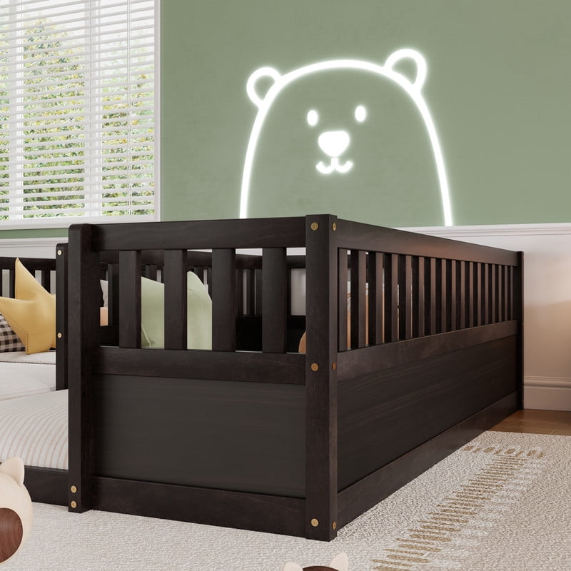 Twin Size Horizontal Floor Bunk Bed Frame with Semi-Enclosed Safety Guardrails, Wood Low Profile Kids Bed with Open Entrance