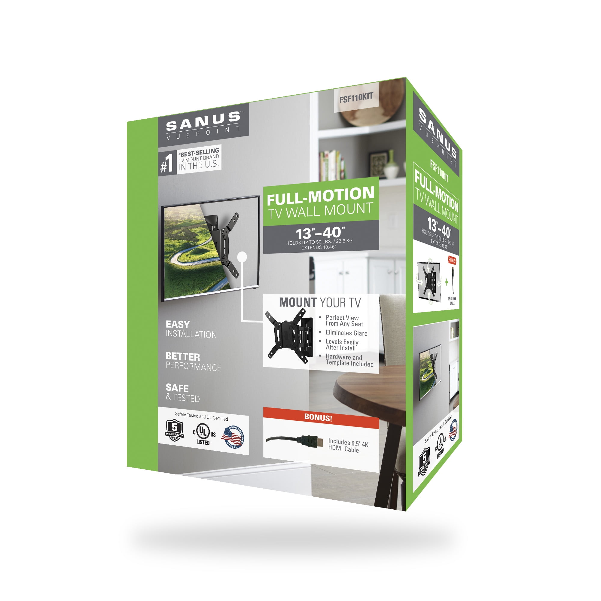 SANUS VuePoint Full-Motion TV Wall Mount for TVs 13"-40" up to 50 lbs, Comes with HDMI cable