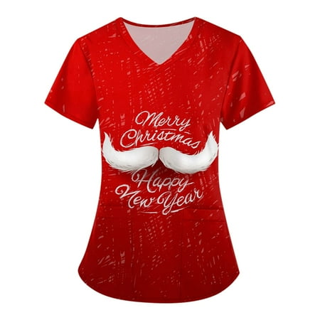 

Royallove Plus Size Printed Scrub Working Uniform Tops For Women s V-Neck Christmas Print Short Sleeve Fun T-Shirts Workwear Tee With Pockets