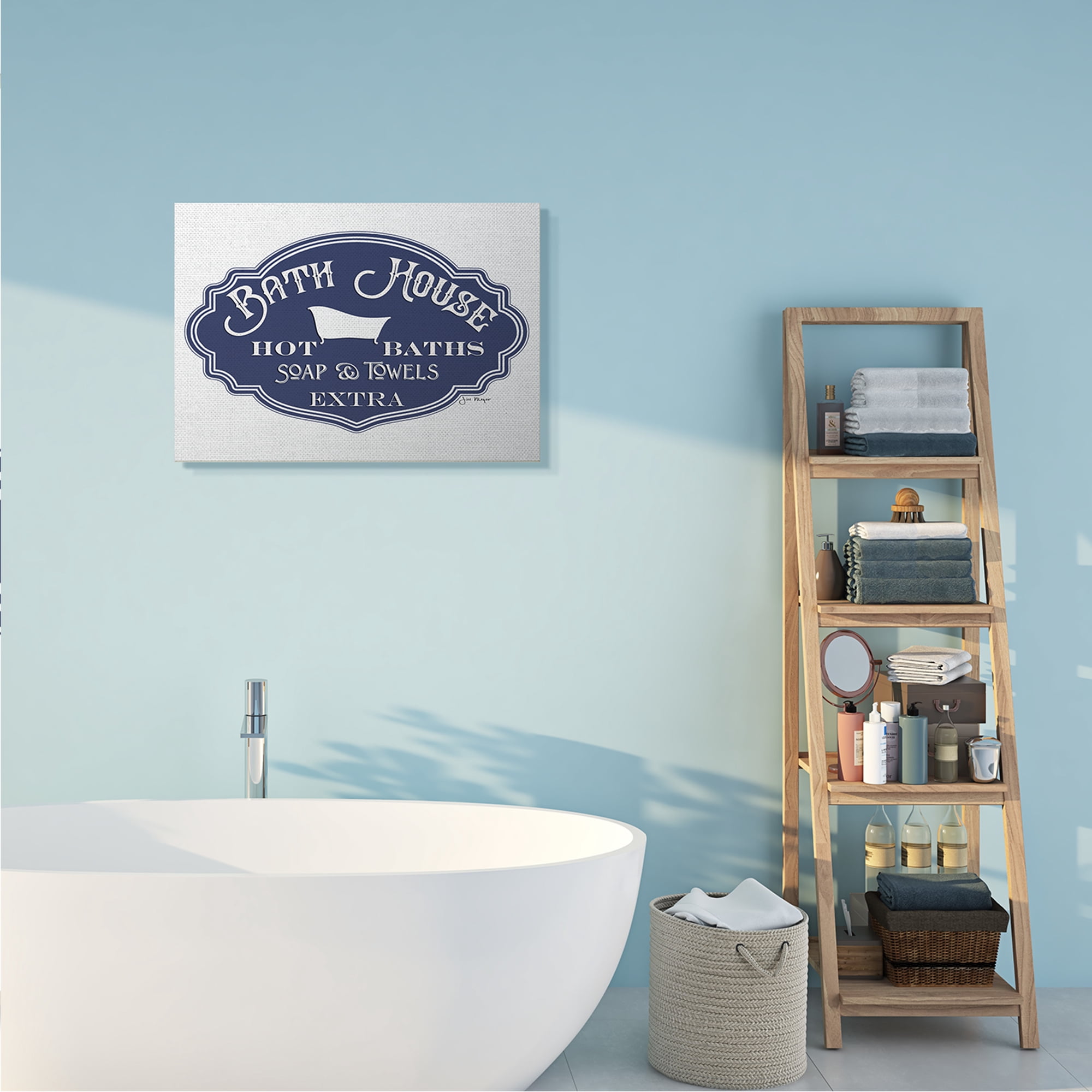 Stupell Industries Vintage Bath House Sign Minimal Blue White Typography Painting Gallery Wrapped Canvas Art Print Wall Art, 24 x 30