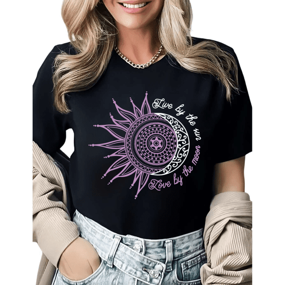 Boho Sun Moon Mandala Graphic Tees Womens Print Tshirt Black S-5XL Tops