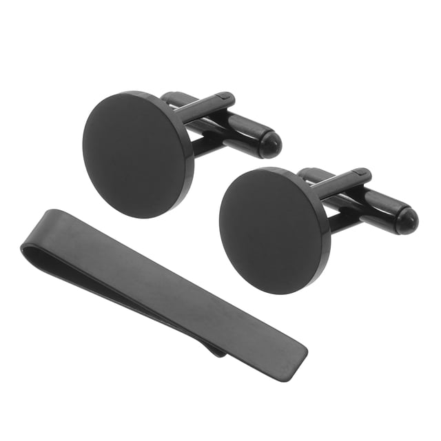 Juego de 3 Gemelos y Clip de Corbata para Hombre, Gemelos de Acero Inoxidable Redondos, Negros