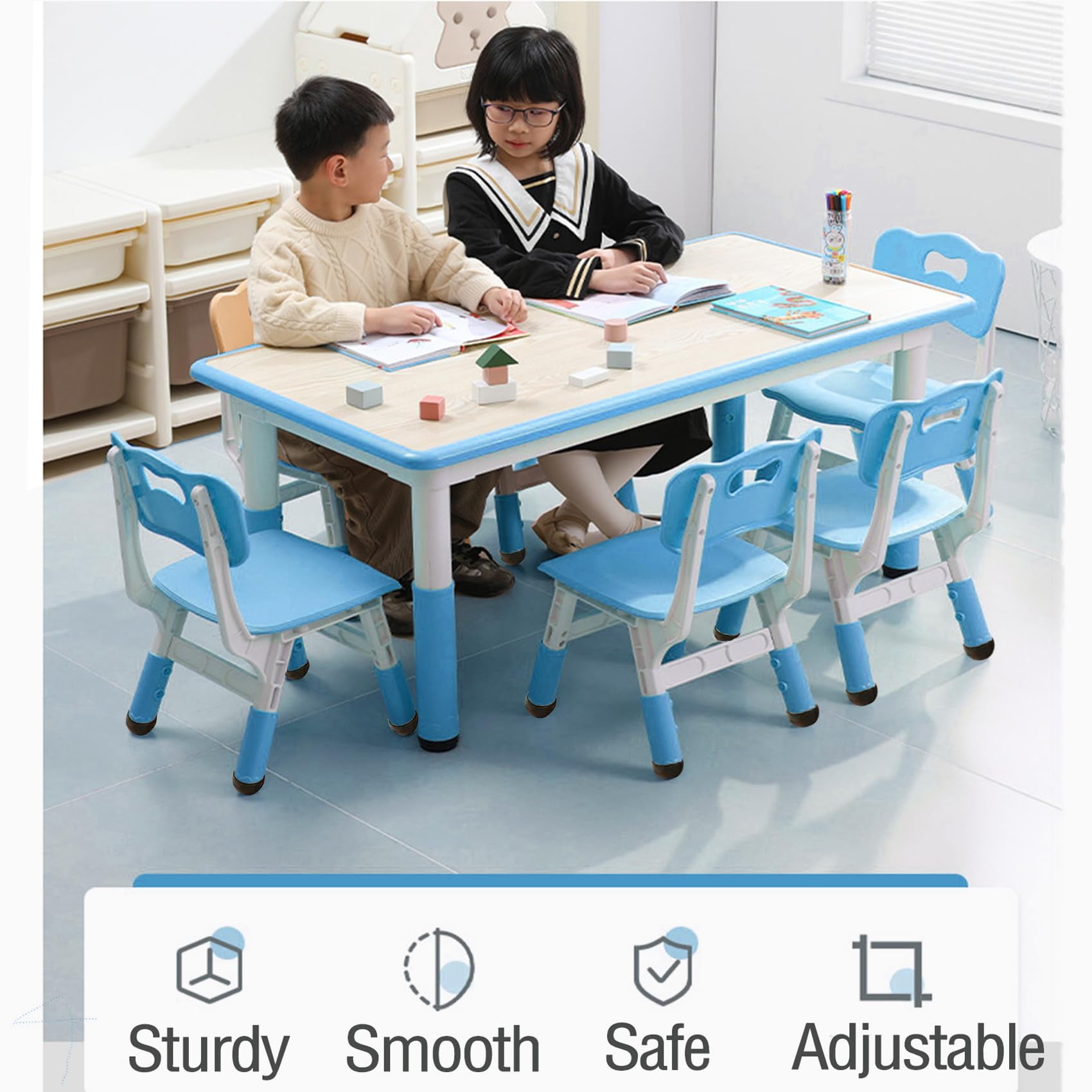 Ataucjin 7 PCS Kids Table and Chairs Set, Toddler Height Adjustable Desk with Graffiti Desktop, Arts & Crafts Table with 6 Seats, Non-Slip Legs, Max 300lbs, Suitable for Kids Table and Chairs Ages 2-1