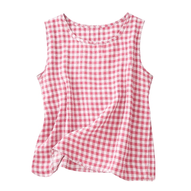 FAVIPT Débardeurs en Coton à Carreaux pour Femmes Printemps Été Décontractés Fluides Chemises Vichy Col Ras du Cou Sans Manches Tunique Confortable Rose,TTG