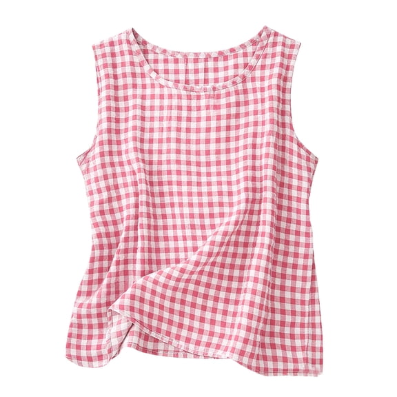 ZGRBOU Womens Gingham Crop Tank Tops Cotton Linen Sleeveless Crewneck Vest Top 2026 Basic Summer Casual Blouse