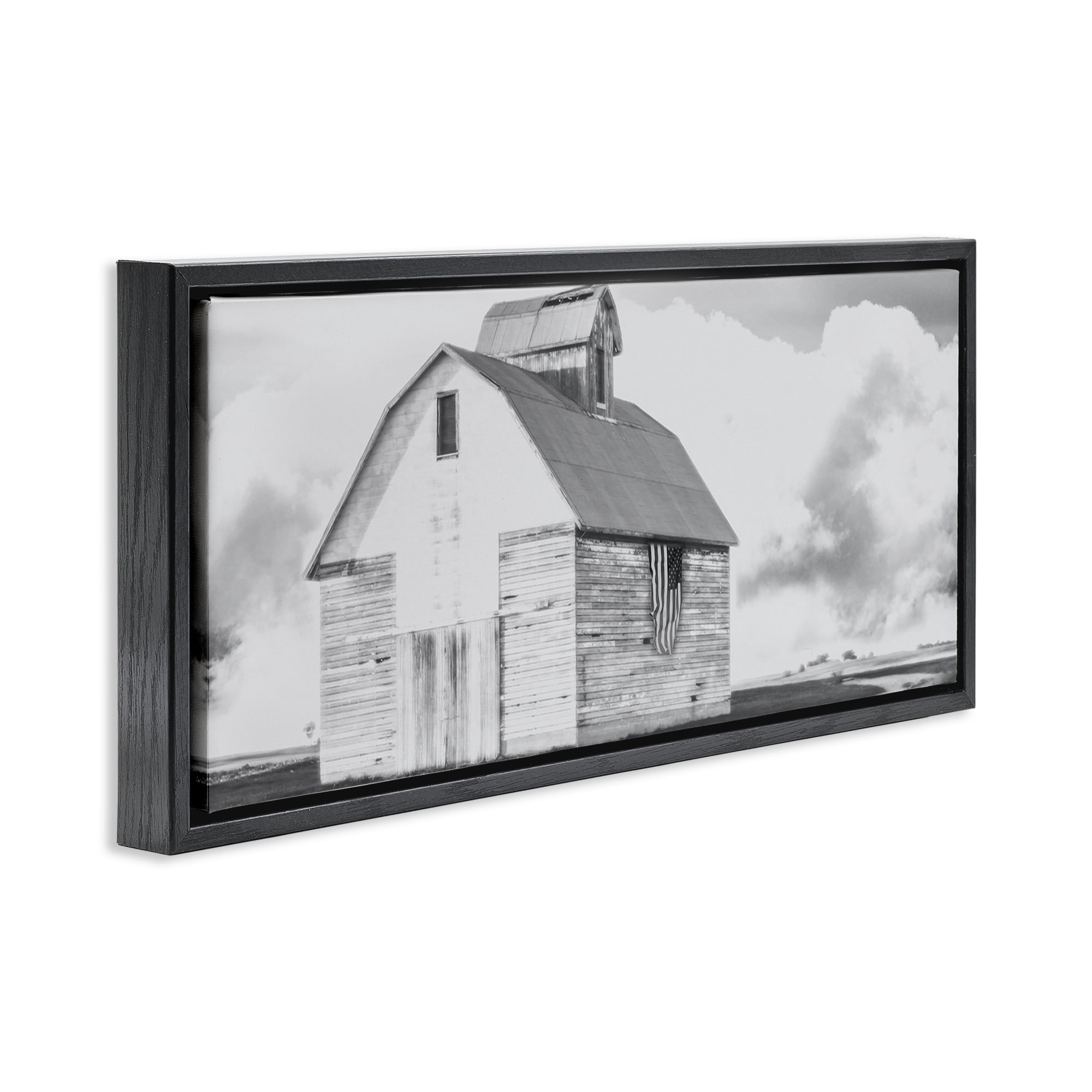 Stupell Industries USA Flag on Barn Patriotic Painting Black Floater Framed Canvas Art Print Wall Art, 31 x 14