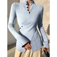 thumbnail image 6 of Women'S Knit Basic Sweater Elegant Stand Collar Button Slim Fit - Slit Long Sleeve Pullover Tops Light Blue L, 6 of 7