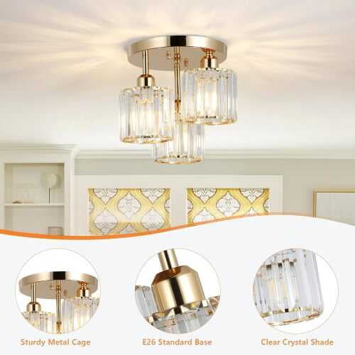 Semi Flush Mount Light,3-Light Modern Close to Ceiling Fixtures,Black Kitchen with Clear Crystal Shade,Hallway Light Fixtures for Hallway Bedroom Bathroom
