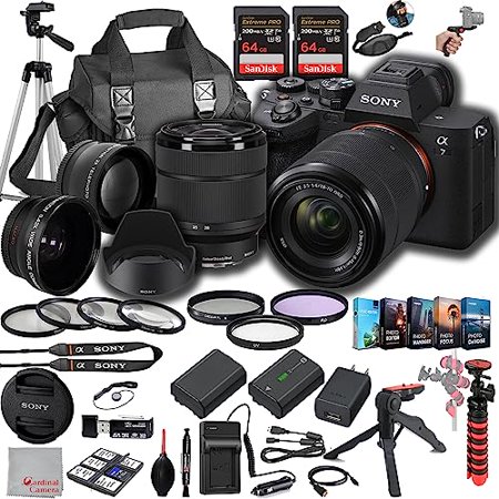 Sony a7 IV Mirrorless Digital Camera 33MP w/ 28-70mmmm Lens 128GB Extreem Speed Memory .43 Wide & 2X Lenses Case. Tripod Filters Hood Grip Spare Battery & Charger Software Kit -Deluxe Bundle