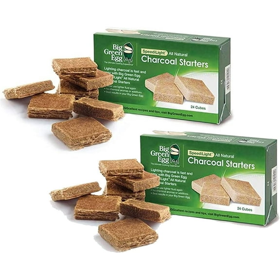 Natural Charcoal Easy Fire Starters, Unflavored, for Big Green Egg Grill, Waterproof, Odorless, 24 Squares, 2-Pack