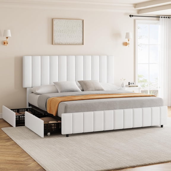Queen PU Leather Upholstered Platform Bed Frame with 4 Storage Drawers, Adjustable Headboard, Wooden Slats Support, No Box Spring Needed, White