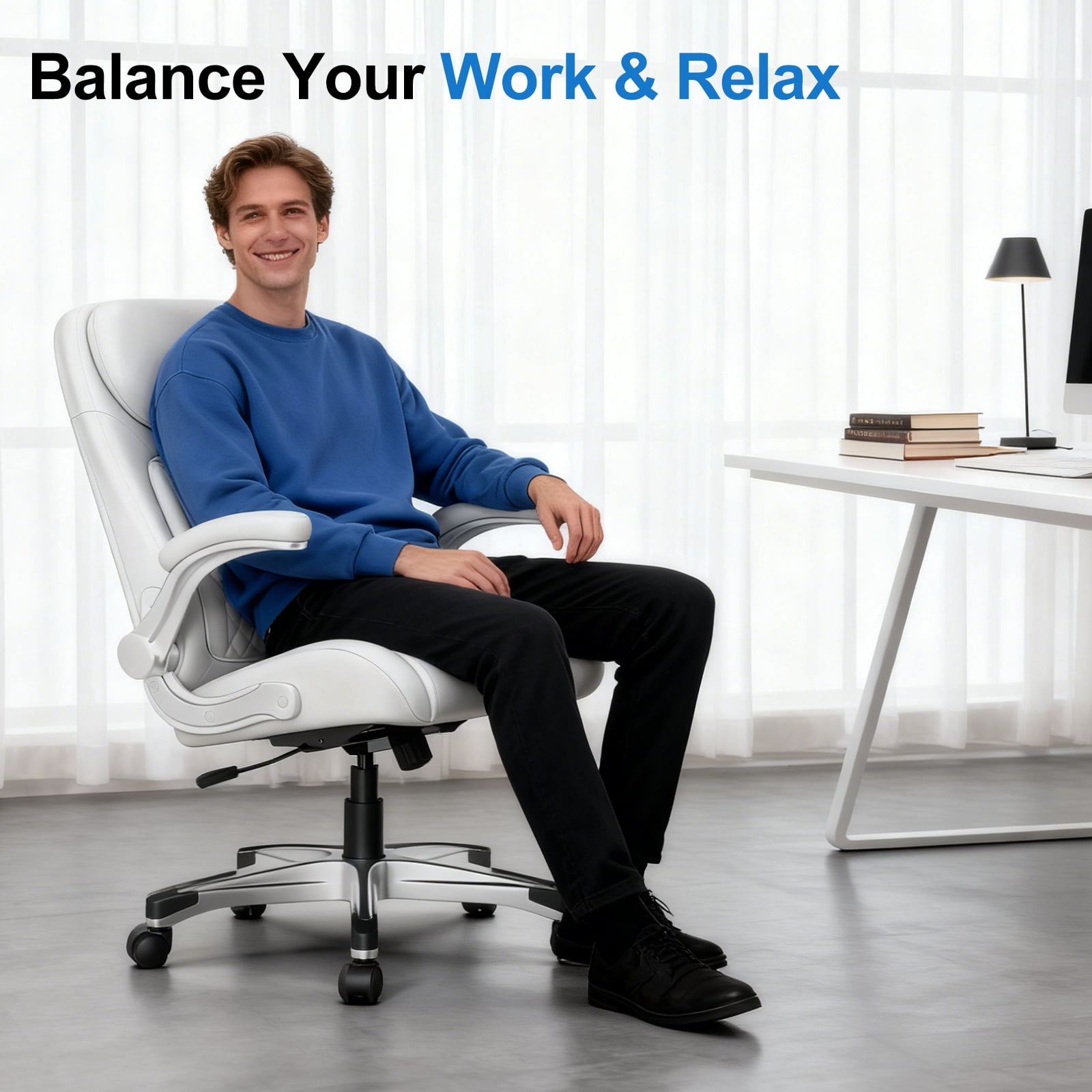 Nouhaus Office Ergonomic Desk High Back Executive Chair with Pop-Out Lumbar Support, Adjustable Headrest, Flip-Up Arms, Leather Home with Thick Cushion for Comfort - White