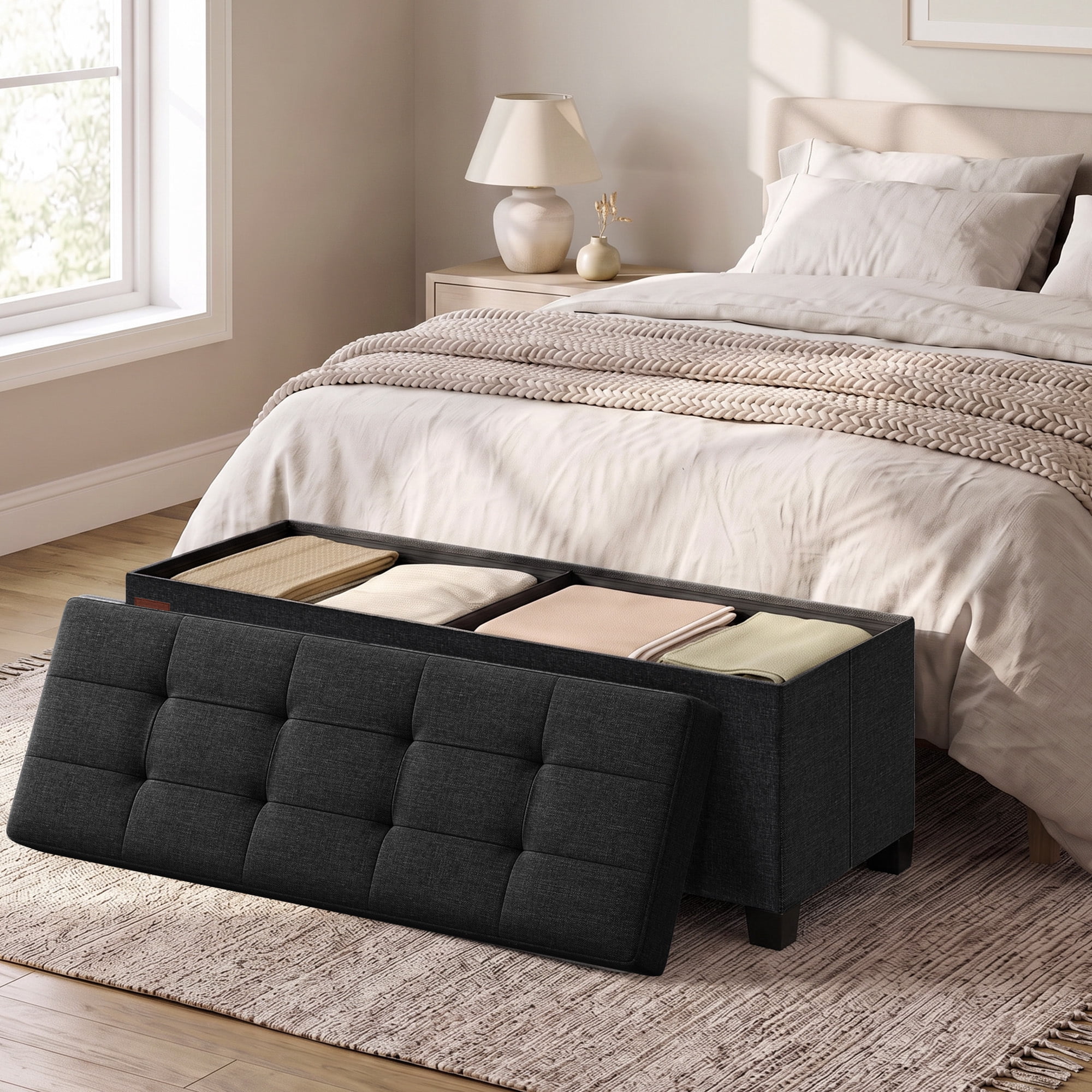 Ledrem Ink Black Folding Storage Ottoman Bench with Footrest, Large