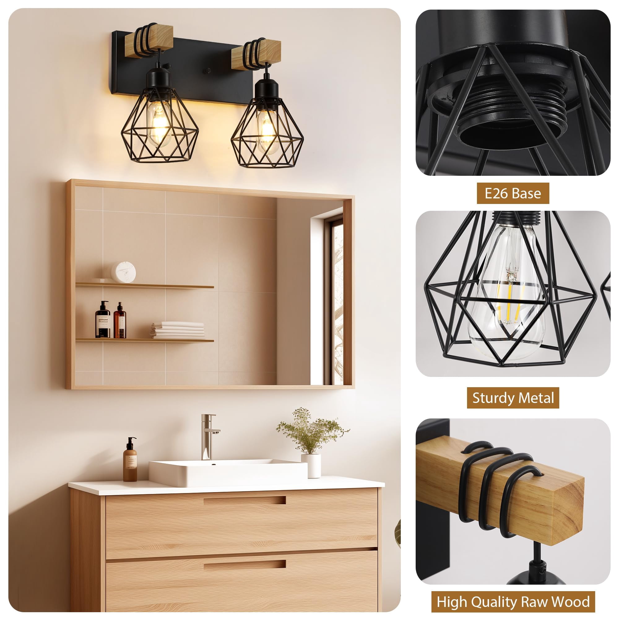 2-Light Black Vanity Light Wood Fixture Rustic Wall Lighting for Bathroom Bedroom Hallway