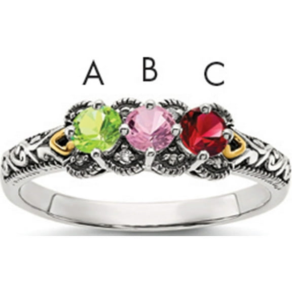 14K/Silver Two-Tone Sterling Silver & 14K Three-Stone And Diamond Mother's Ring Semi-Mount (Size 10) Made In Thailand qmr38/3-10