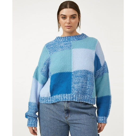 Cotton On Trendy Plus Size Oversized Patchwork Sweater Blue 12W B4HP