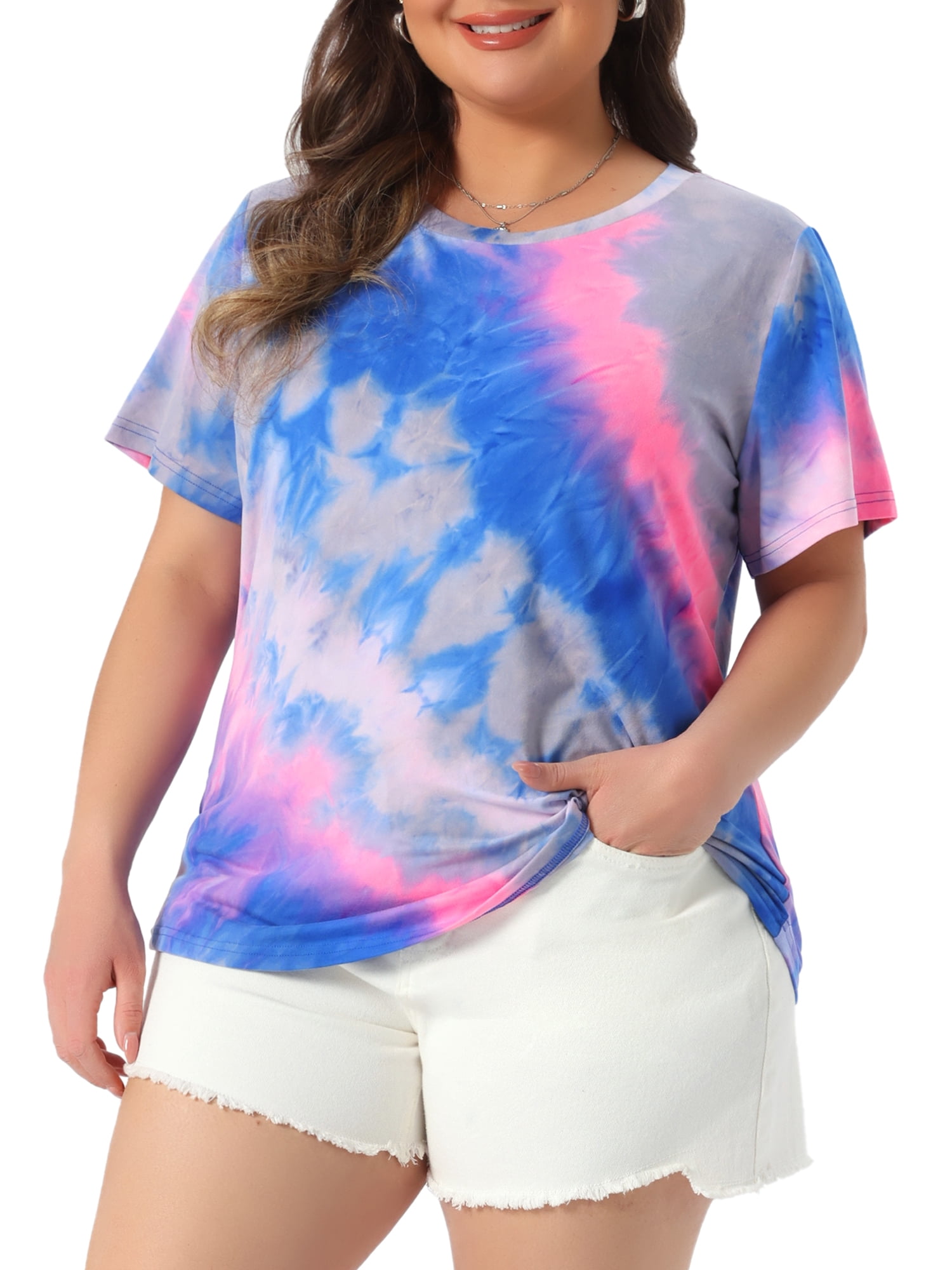 DARING DIVA Women's Plus Size Round Neck Short Sleeve Tie Dye Tops 3X Pink Blue