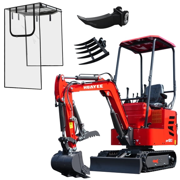 HUAYEE 1.2 Ton Mini Excavator with Ripper, Rake, Cover, HY12C Small Digger with 13.5 HP EPA Gasoline Engine, Hydraulic Thumb Clamp, In-stock in the US