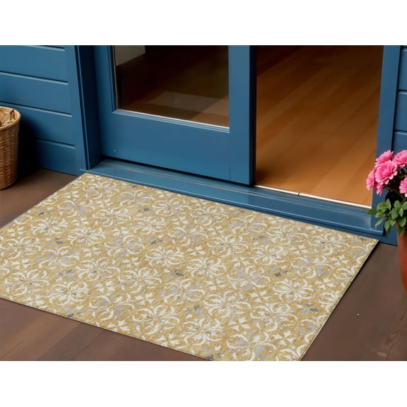 3' X 5' Gold Gray And Beige Floral Washable Indoor Outdoor Area Rug