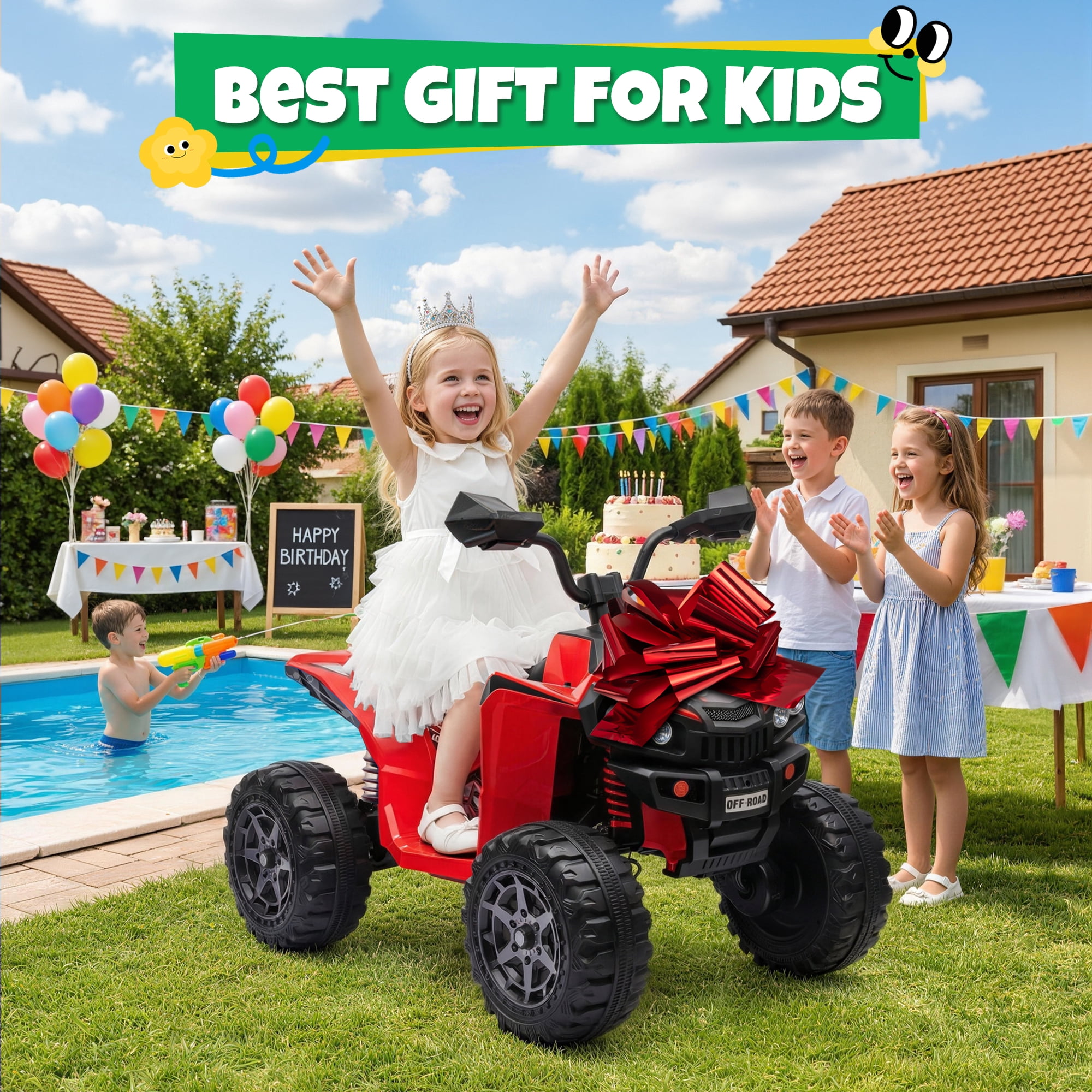 24V Kids Ride On ATV for Ages 3-8, 4WD Electric Quad with 4 Motors, Bluetooth Music, LED Lights, Spring Suspension, 3-5 km/h, 110 lbs Capacity, Battery Powered Toy for Boys Girls, Red