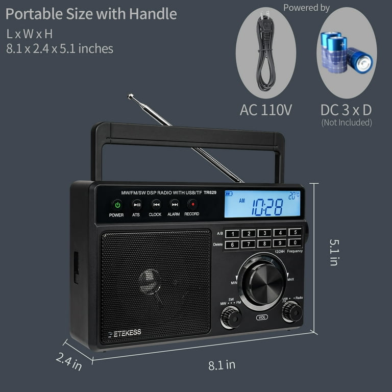 vigtigste Ond billet Retekess TR629 Portable Shortwave Radios, Digital Radio AM FM Plug in with  DSP, Support Backlight LCD Display, Digital Tuning and Preset, USB, Micro  SD, Clock, Recorder - Walmart.com