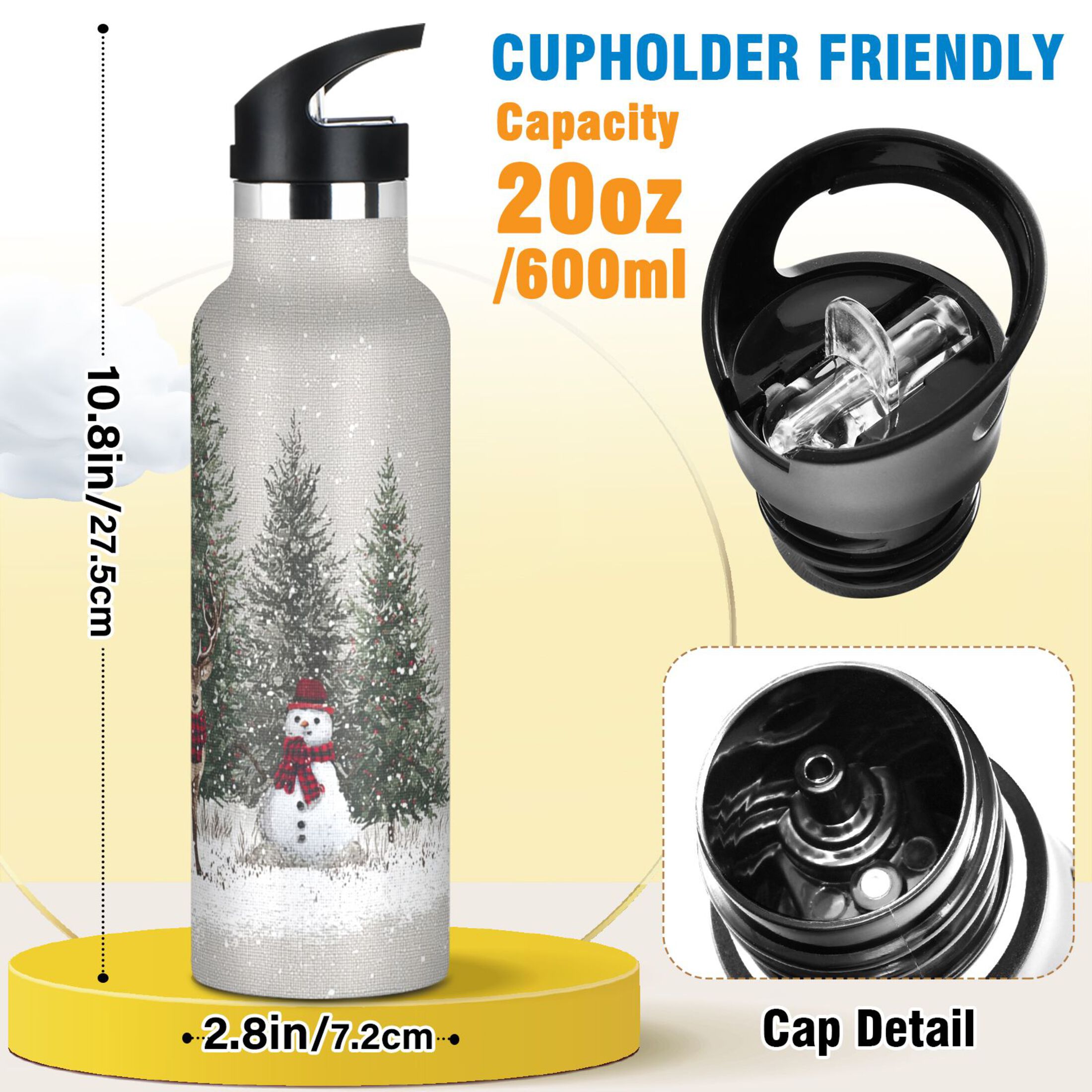 Kids Insulated Stainless Steel Sports Water Bottle 600ml (20oz) Christmas Deer and Snowmen