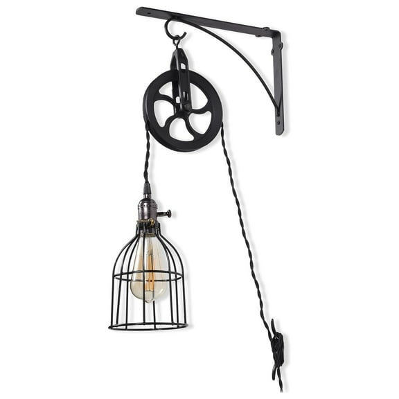 Drevy Industrial Pulley Design Black Wall Sconce Pendant Lamp Kit with Wire Cage Shade, Iron Bracket, Pulley, 10" Fabric Plug in Cord, Socket with ON/OFF Switch & Edison LED Light Bulb