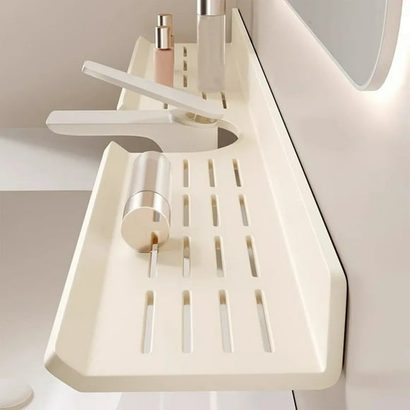 Estante de tocador para almacenamiento de lavabo, organizador de aleación de aluminio beige sin perforación, gran capacidad de carga y drenaje hueco para organizar artículos esenciales de