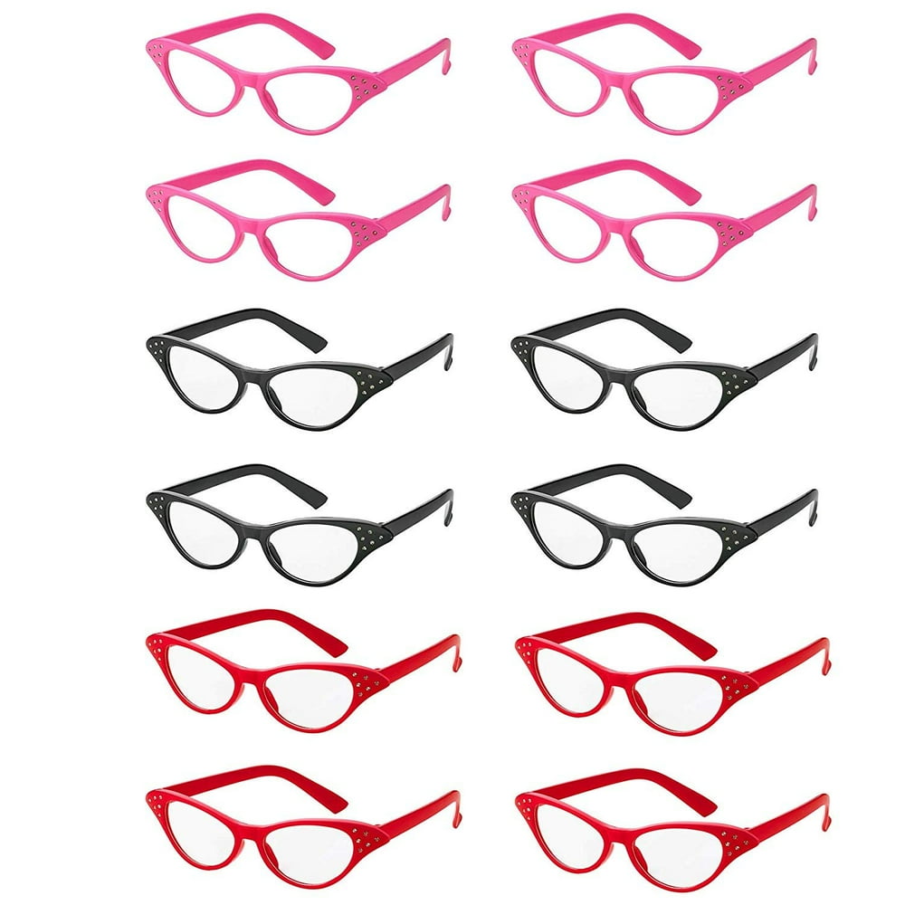 Retro Cat Eye Glasses with Rhinestones 12 Pack 1950’s Style Unisex
